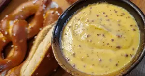 Creamy German beer mustard sauce (Bier-Senf-Sauce) in a rustic bowl, served with traditional Bavarian pretzels.