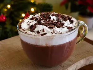 Rich Black Forest hot chocolate with dark chocolate, cocoa, whipped cream, and a splash of cherry liqueur. Warming German-inspired Christmas drink.