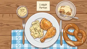 Illustrated Oktoberfest serving for one adult with roasted chicken pieces, potato salad, a pretzel, Obatzda, and apple strudel