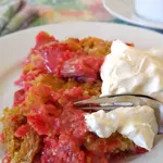 Rhubarb Dump Cake! Sounds absolutely interesting. Tastes absolutely wonderful. Try this Rhabarber-Dump-Kuchen with this season's first rhubarb and be surprised how easy it is.