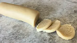 Sliced homemade German marzipan ready to eat or use in recipes