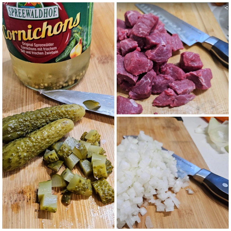 Chop ingredients for peppered beef stew Chop ingredients for peppered beef stew