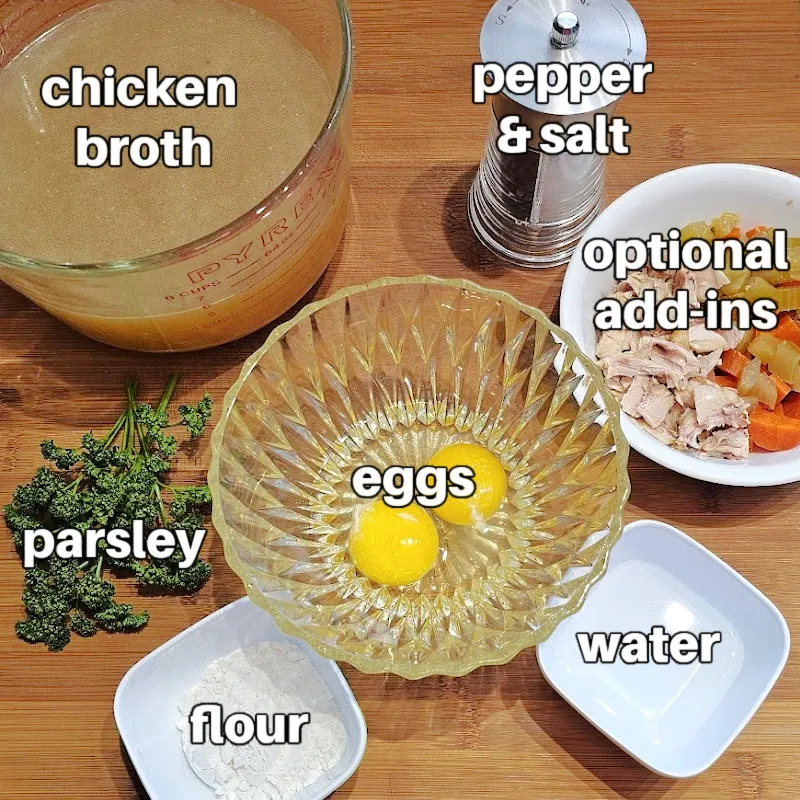 Ingredients for German egg drop soup (Einlaufsuppe): chicken broth, eggs, flour, water, parsley, salt and pepper, optional add-ins.