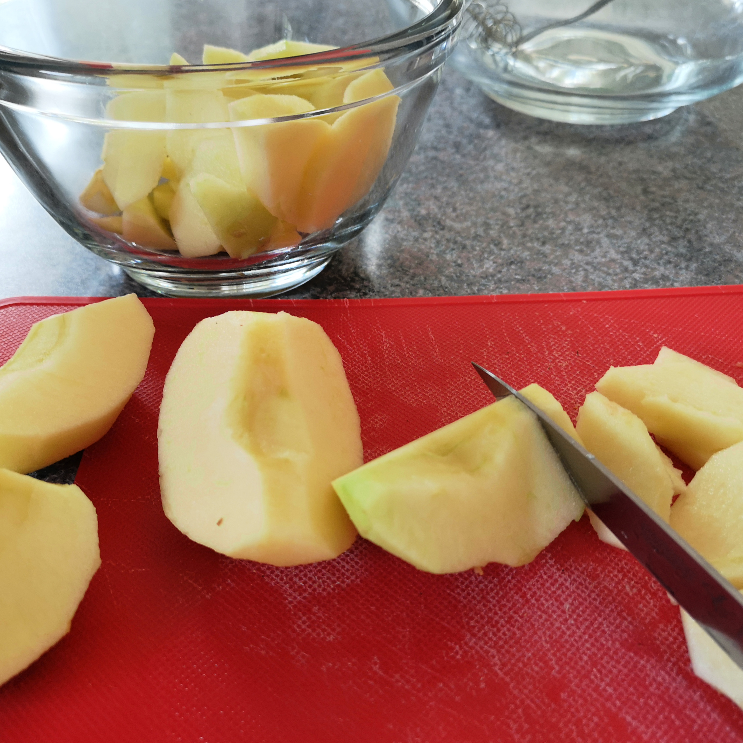 Meanwhile peel the apples and slice
