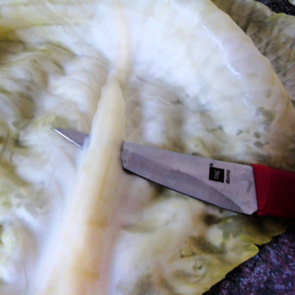 trimming ribs from cabbage leaves