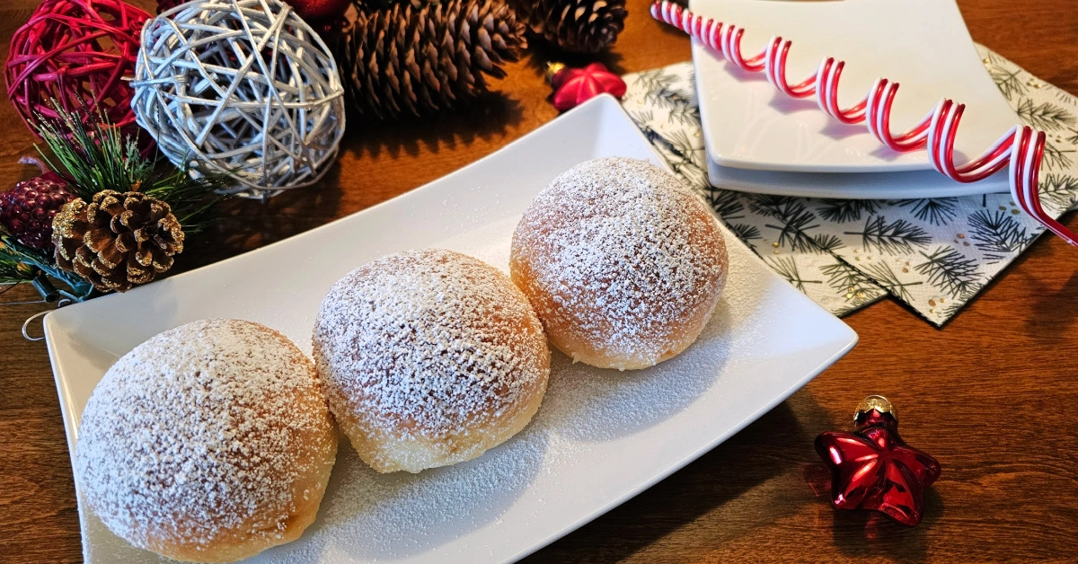 German Donut Recipe: Berliner (Krapfen) 3 Berliner on a plate at Christmas