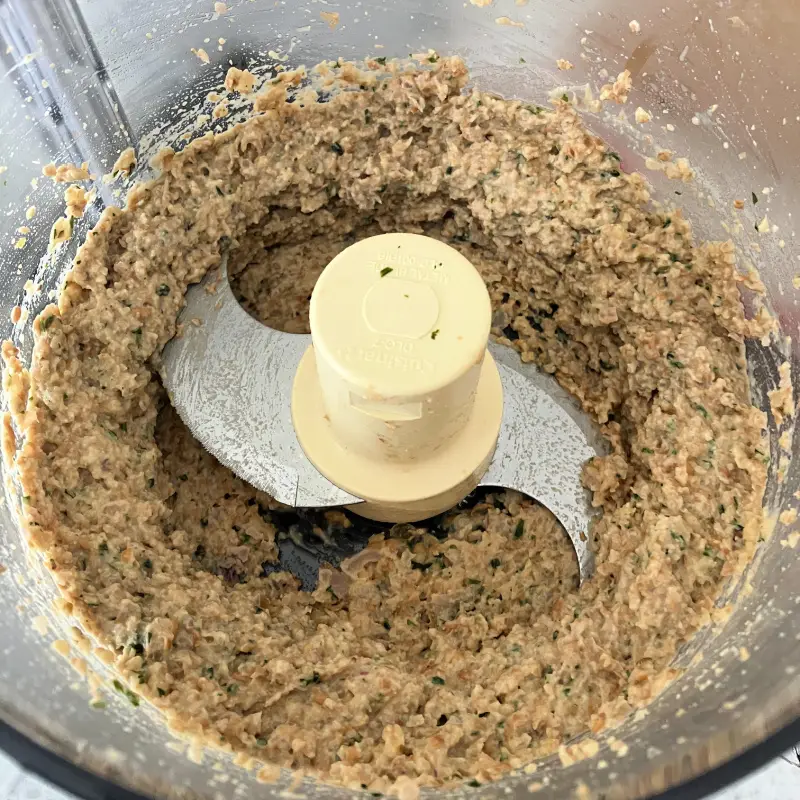 Lentil and walnut mixture blended in a food processor before adding vital wheat gluten.