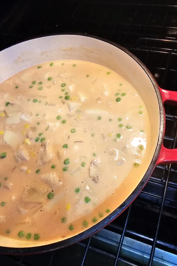 Unbaked German oven soup with chicken, peas and potatoes in a creamy broth, in a red Dutch oven on the oven rack