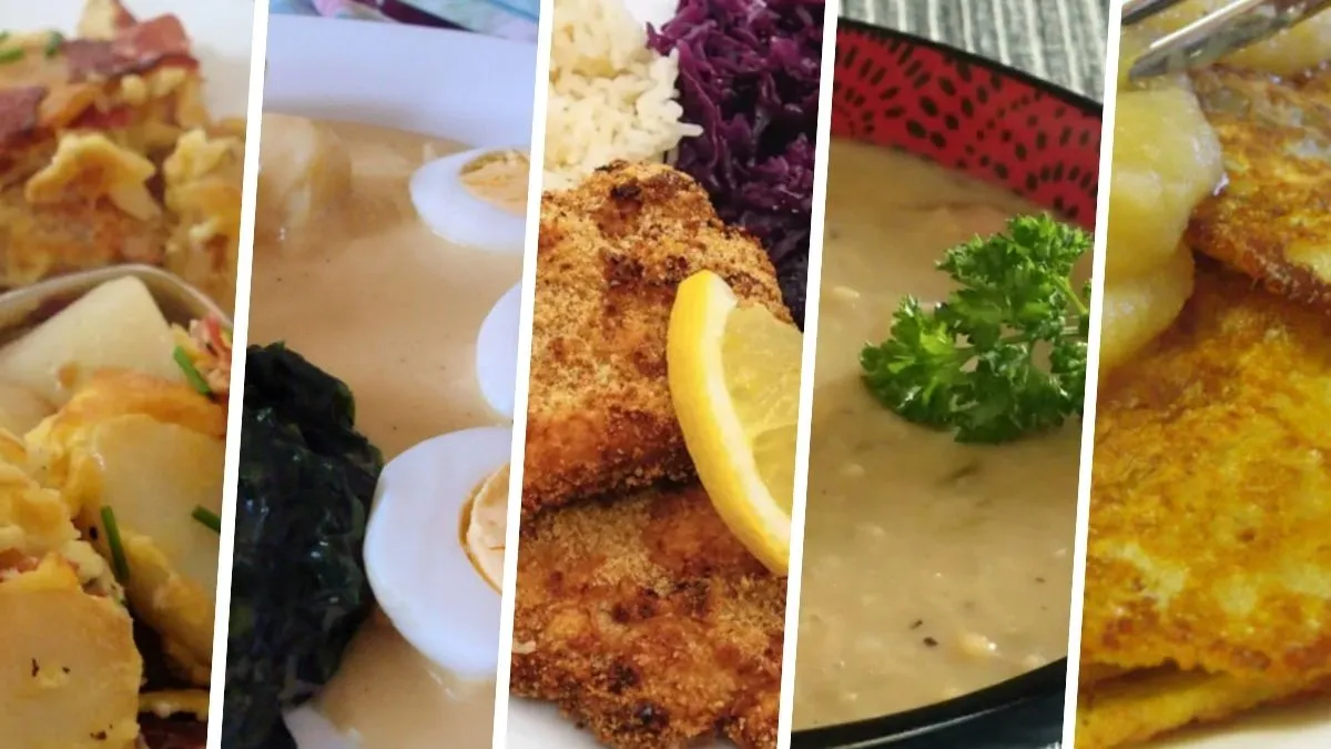 Quick German meals including Hoppel Poppel, eggs with mustard sauce, air fryer schnitzel, red lentil soup, and potato pancakes
