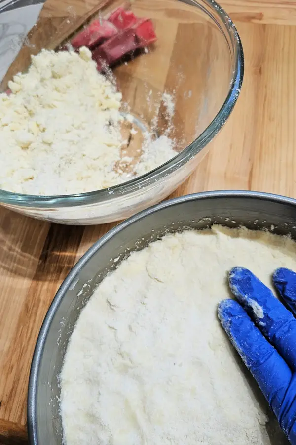 Hand in blue glove pressing streusel mixture into the bottom of a cake pan, with more mixture in a bowl nearby.