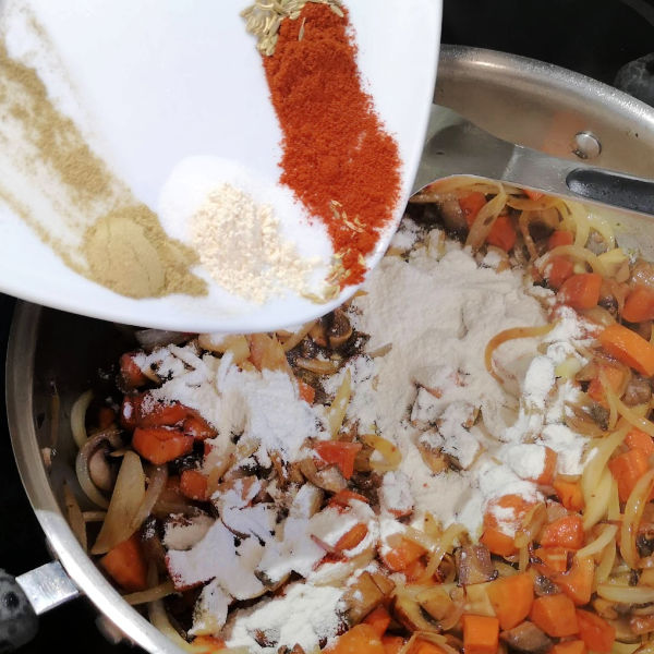 Add flour and spices to pan Add flour and spices to pan