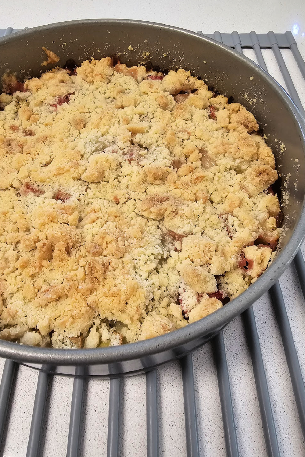 Golden-brown rhubarb streusel cake cooling in a round pan on a stovetop rack, with crisp topping visible.