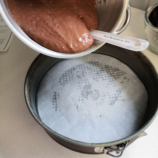 Pour the batter into the parchment-lined springform pan Pour the batter into the parchment-lined springform pan