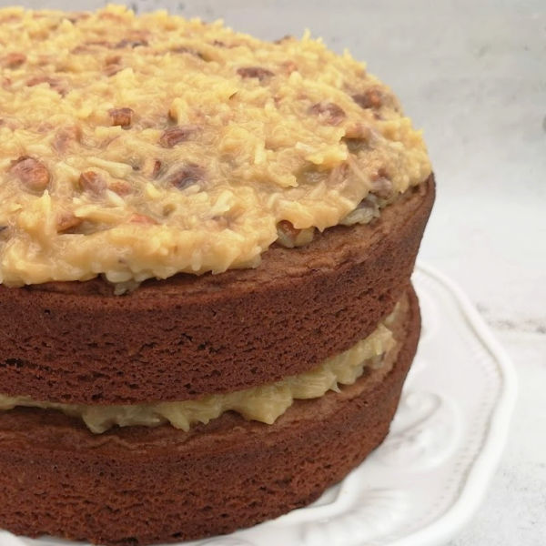 Naked German Chocolate Cake with coconut pecan frosting