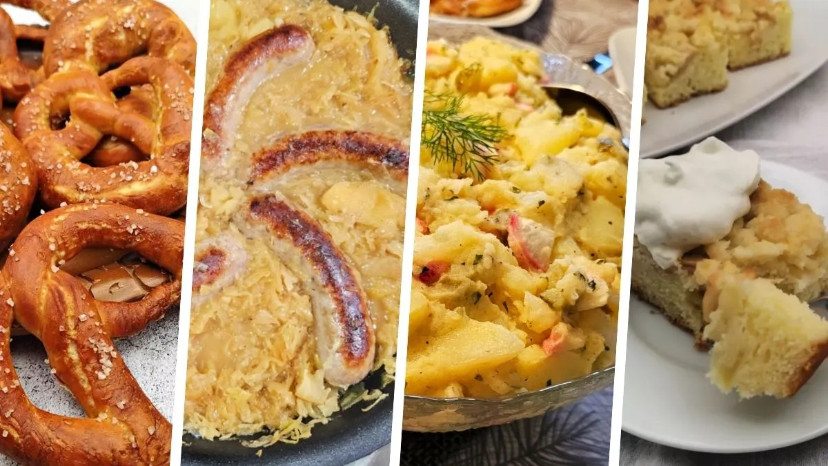 Collage of pretzels, bratwurst with sauerkraut, Southern German potato salad, and apple streusel cake