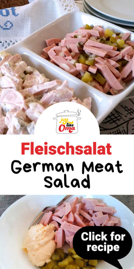 German Meat Salad comes in two types. One with mayo and one without. Whichever you prefer, both are DELICIOUS! Shown here is the Fleischsalat in front.