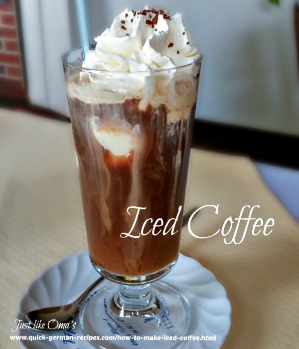 A glass of iced coffee with whipped cream, vanilla ice cream, and coffee, German-style A glass of iced coffee with whipped cream, vanilla ice cream, and coffee, German-style