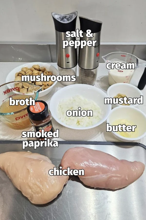 Ingredients for creamy chicken stroganoff labeled: chicken breasts, mushrooms, onion, broth, cream, Dijon mustard, butter, smoked paprika
