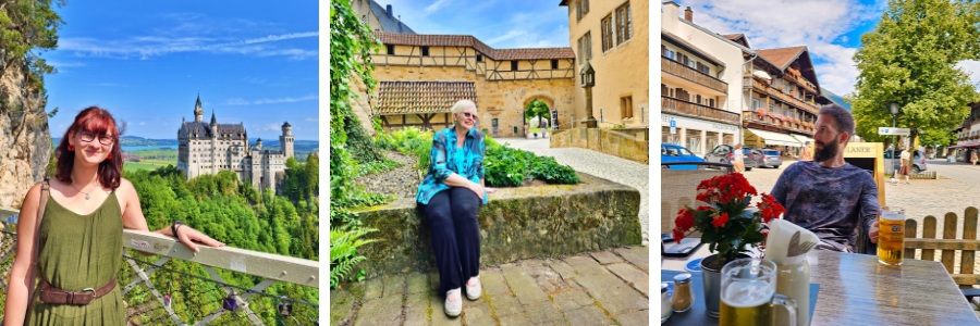 Photo collage of Lydia in front of Neuschwanstein Caste, Oma sitting on a stone wall and yellow buildings, and Eran at a table with beer in Bavarian town.
