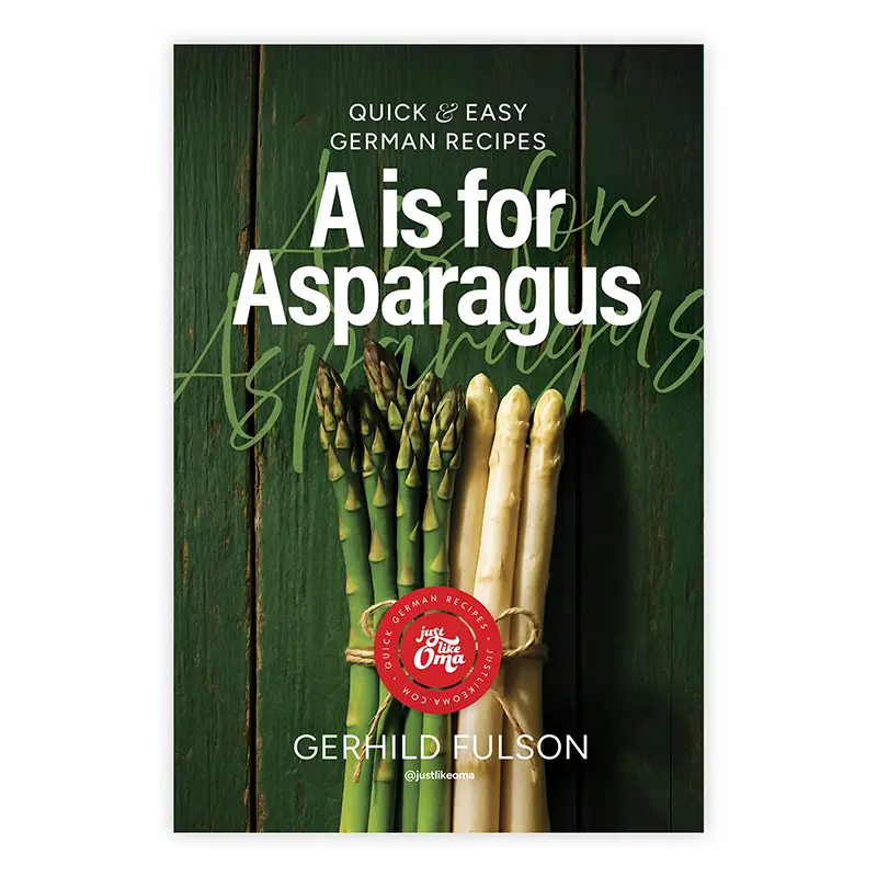 A is for Asparagus cookbook shown as spiral book, paperback, and ebook on a phone