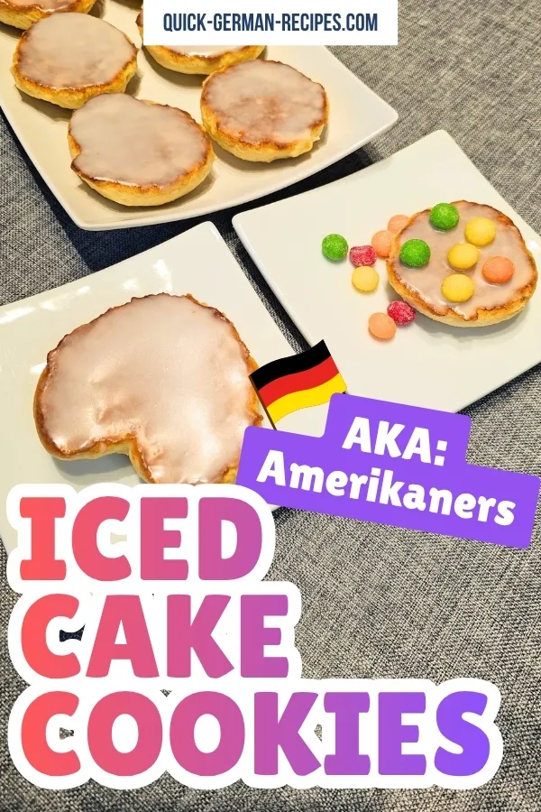 Iced Cake Cookies on white plates and text overlay