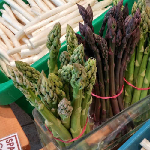 Asparagus, aka Spargel, sold in Germany comes in many colors, white, green and purple. Asparagus, aka Spargel, sold in Germany comes in many colors, white, green and purple.
