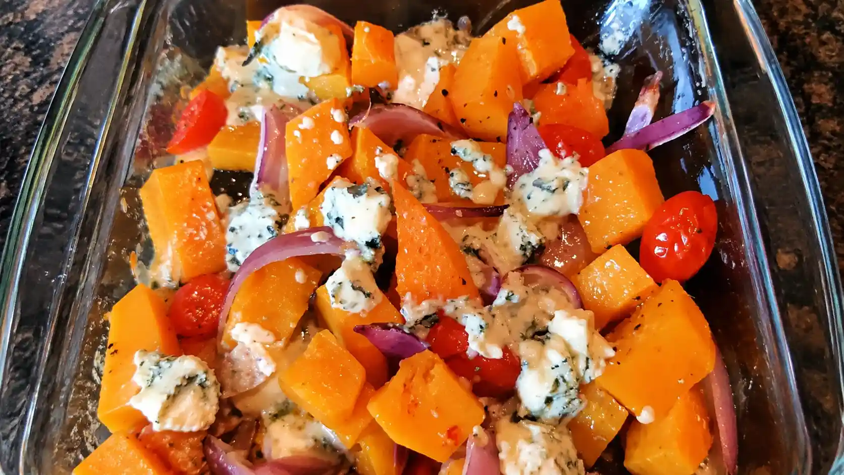 Butternut Squash baked with tomatoes and blue cheese. Such a strange combination, but, OH, how tasty!