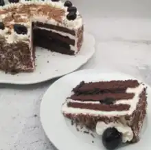 Slice of Black Forest cake with whipped cream and cherries beside a full cake