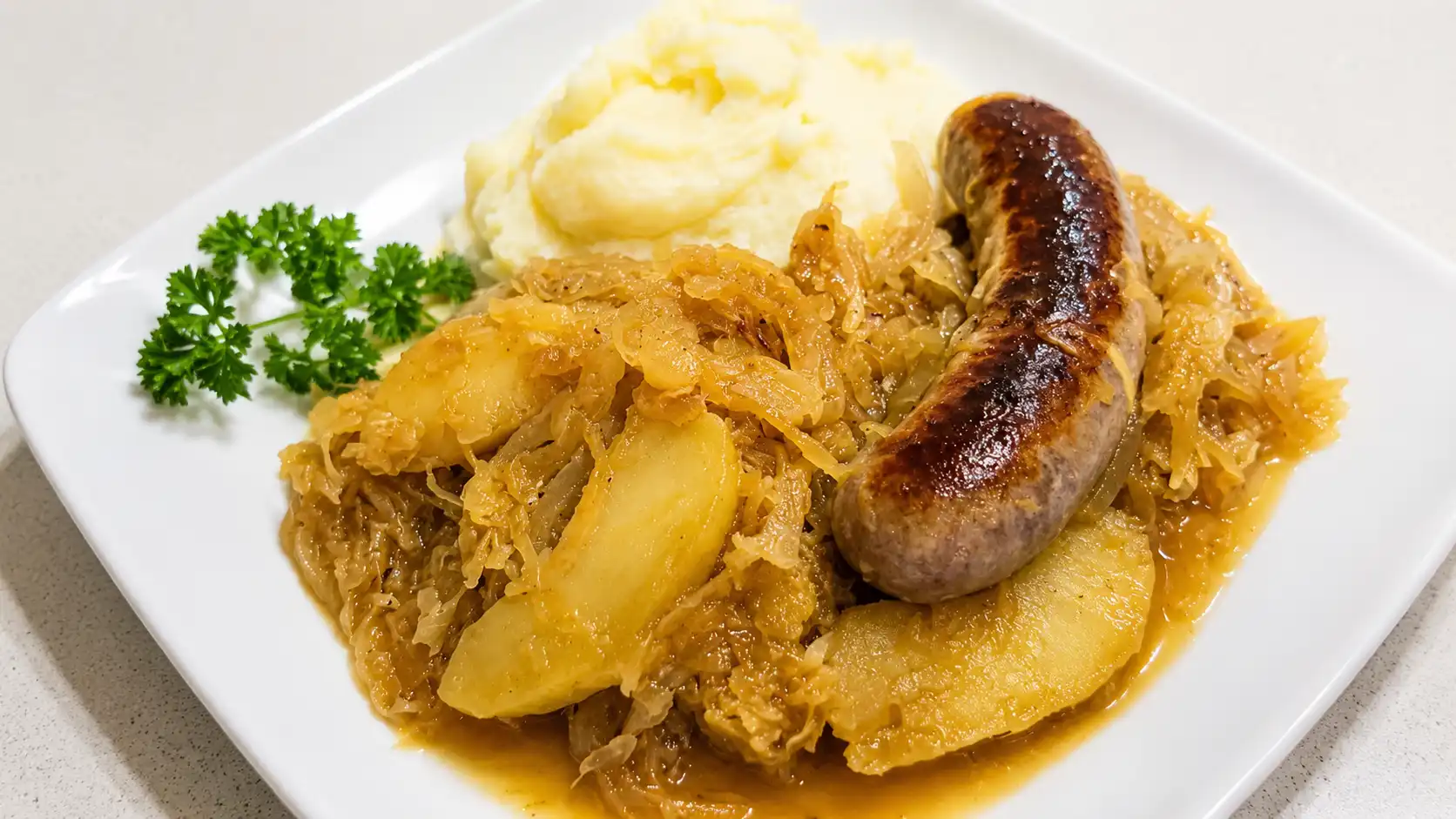 German Bratwurst, Sauerkraut, and Mashed Potatoes