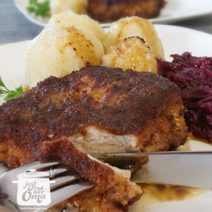 Breaded Pork Chops with red cabbage and potatoes