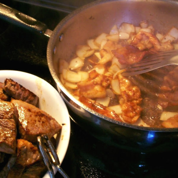 Brown the bacon and onion for maximum rouladen flavor for the flatladen Brown the bacon and onion for maximum rouladen flavor for the flatladen