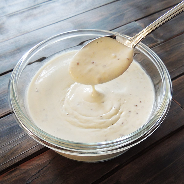 Use leftover cashew cream and make this quick version of Oma's German mustard sauce.