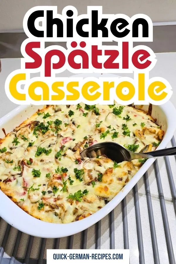 Chicken spaetzle casserole with text overlay