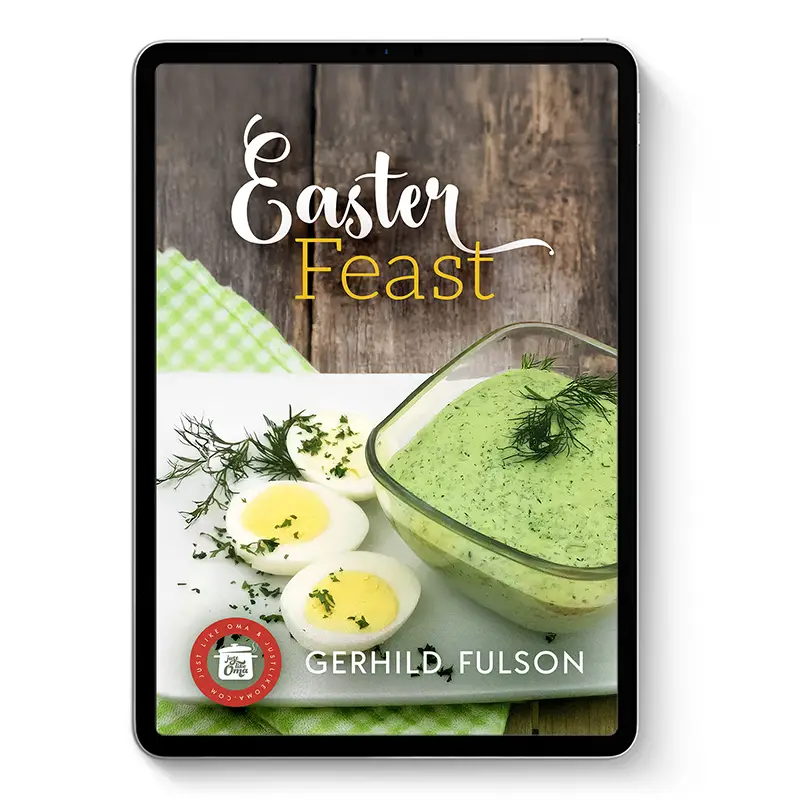 Easter Feast ebook cover on tablet with hard-boiled eggs and a bowl of green herb sauce on a rustic wood background.