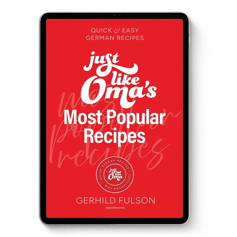 Just Like Oma’s Most Popular Recipes ebook cover on tablet with red background and white title text.