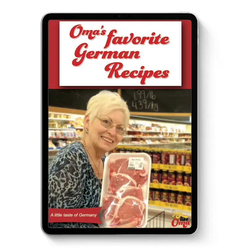 Oma’s favorite German Recipes ebook cover on tablet showing Oma holding a tray of meat in a grocery store.