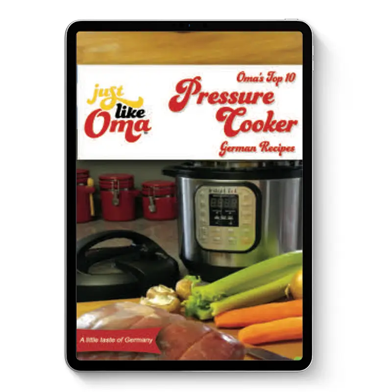 Pressure Cooker German Recipes ebook cover on tablet with an electric pressure cooker and vegetables on a kitchen counter.