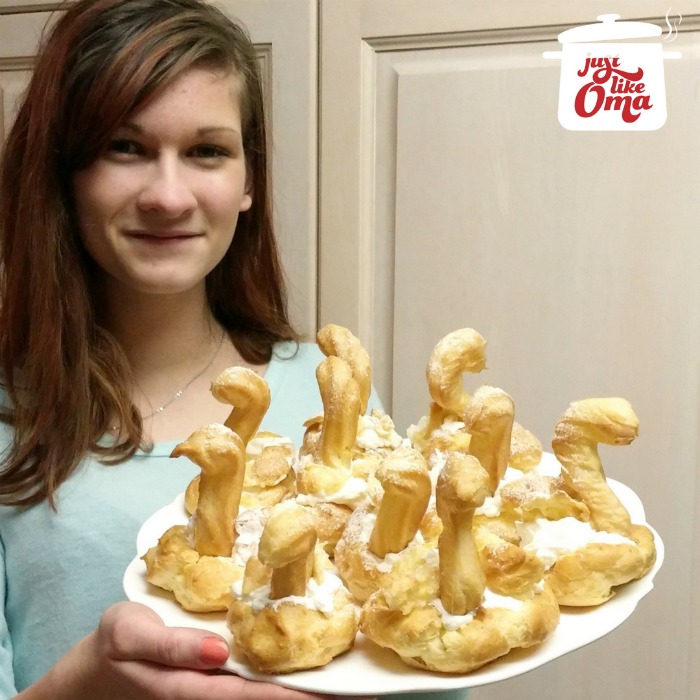 Lydia made these easy cream puff swans using the same easy recipe for regular traditional cream puffs, made just like Oma. Lydia made these cream puff swans using the same easy recipe for regular traditional cream puffs, made just like Oma.