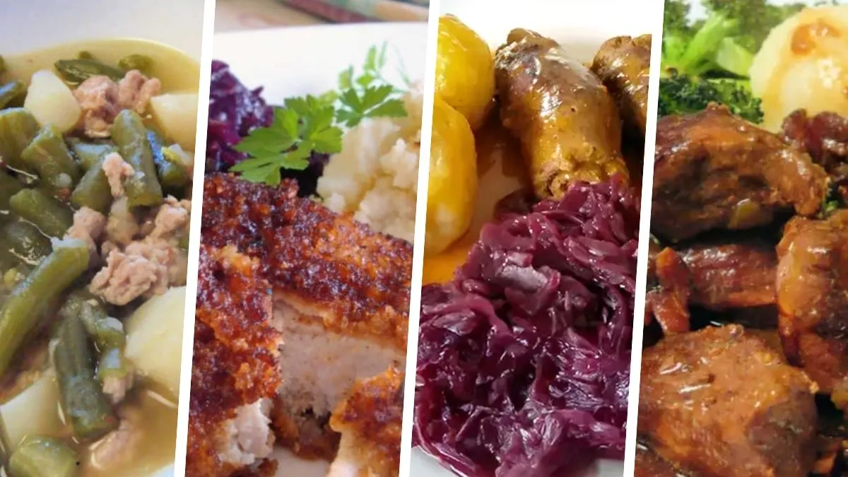 German dinner menu ideas with green bean soup, breaded pork chops, rouladen, and flatladen