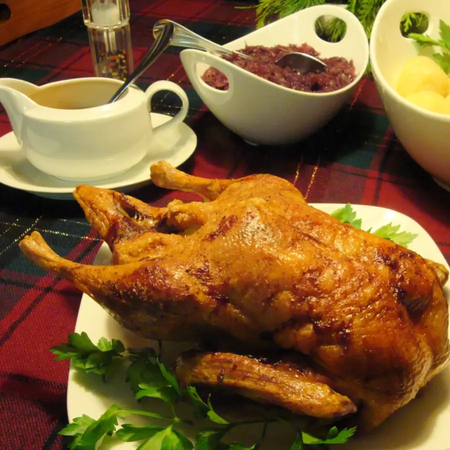 Roast Christmas duck served with red cabbage and German potato dumplings