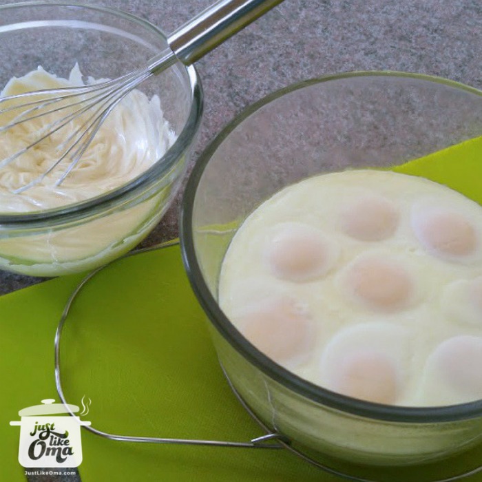 The egg 'cake' is cooling, and the homemade mayonnaise is waiting.