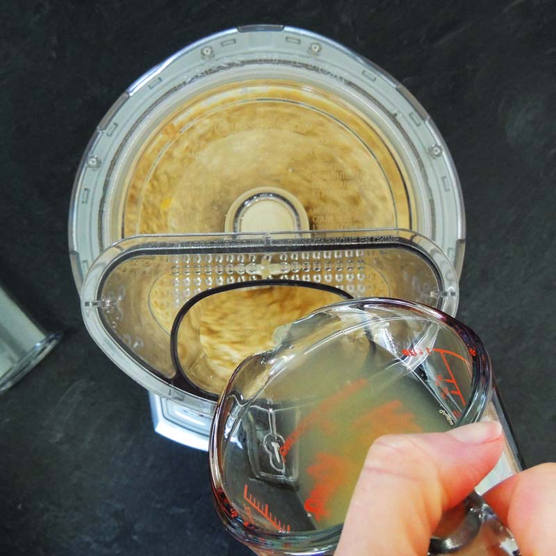 Process, adding more aquafaba, or water, to gain desired consistency.