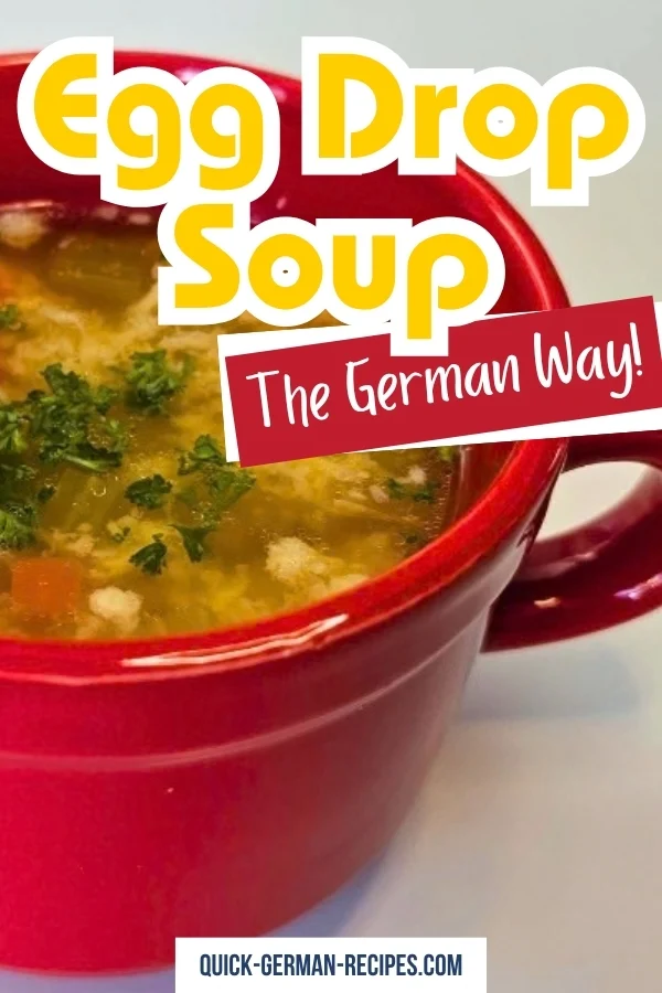 German egg drop soup in a red cup with text overlay