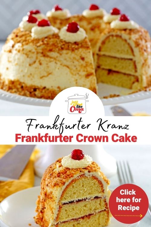 Frankfurter Kranz, aka Frankfurt Crown Cake or German Crown Cake, is a ring-shaped, three-layered sponge cake filled with red jam and delicious German buttercream.