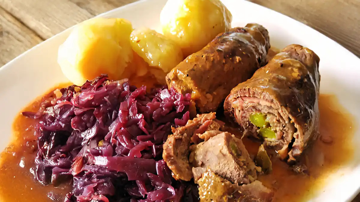 Wunderbar! Beef Rouladen. THE traditional German food! Served here with potato dumplings and red cabbage.