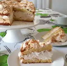 Layered Blitz Torte with whipped cream filling on a floral tablecloth