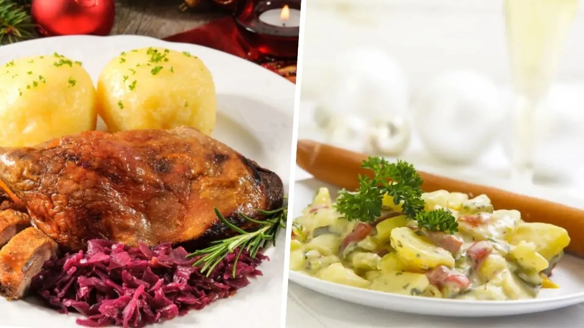 German Christmas dinner menu with roast duck, potato dumplings, red cabbage, and creamy potato salad