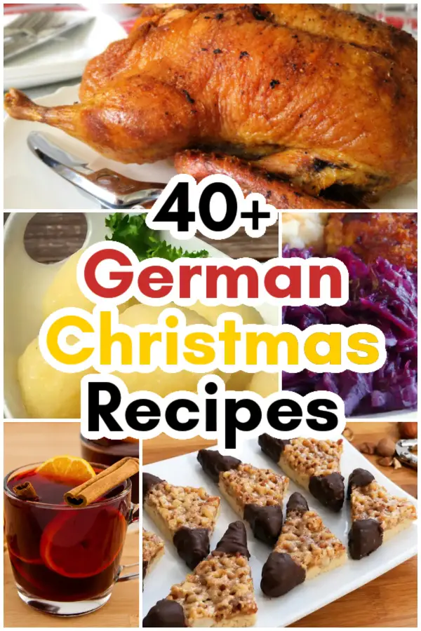 German Christmas recipe collage with roast duck, potato dumplings, red cabbage, mulled wine, and chocolate-dipped nut corners.