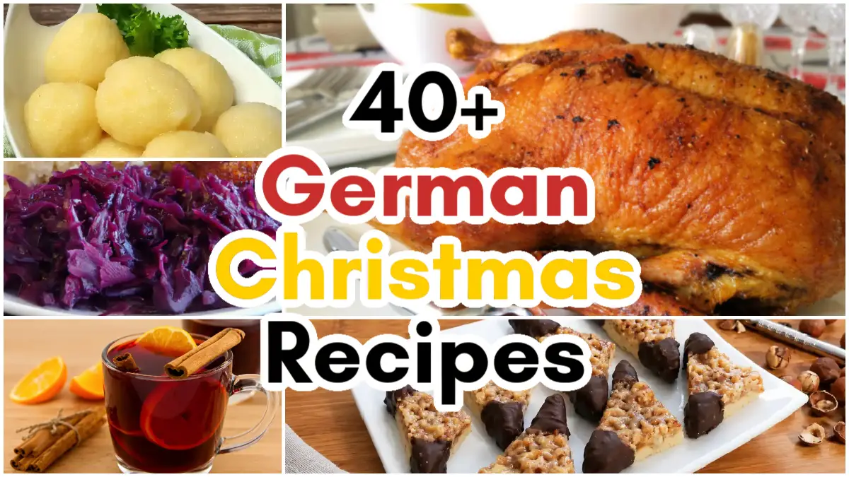 German Christmas recipe collage with roast duck, potato dumplings, red cabbage, mulled wine, and chocolate-dipped nut corners.