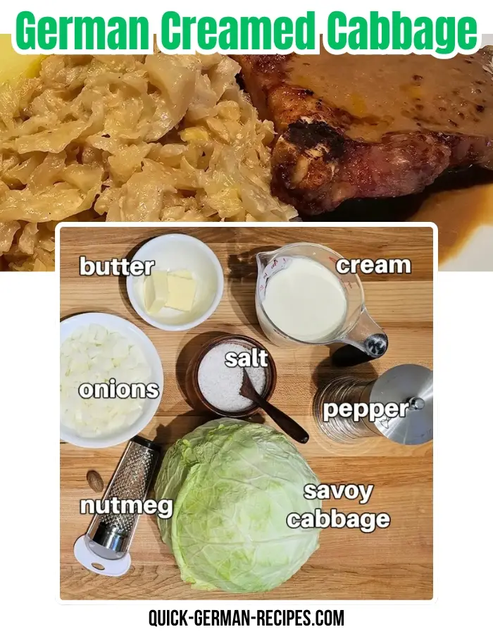 red bowl filled with German creamed cabbage (Rahmwirsing) creamed cabbage with flatlay of ingredients